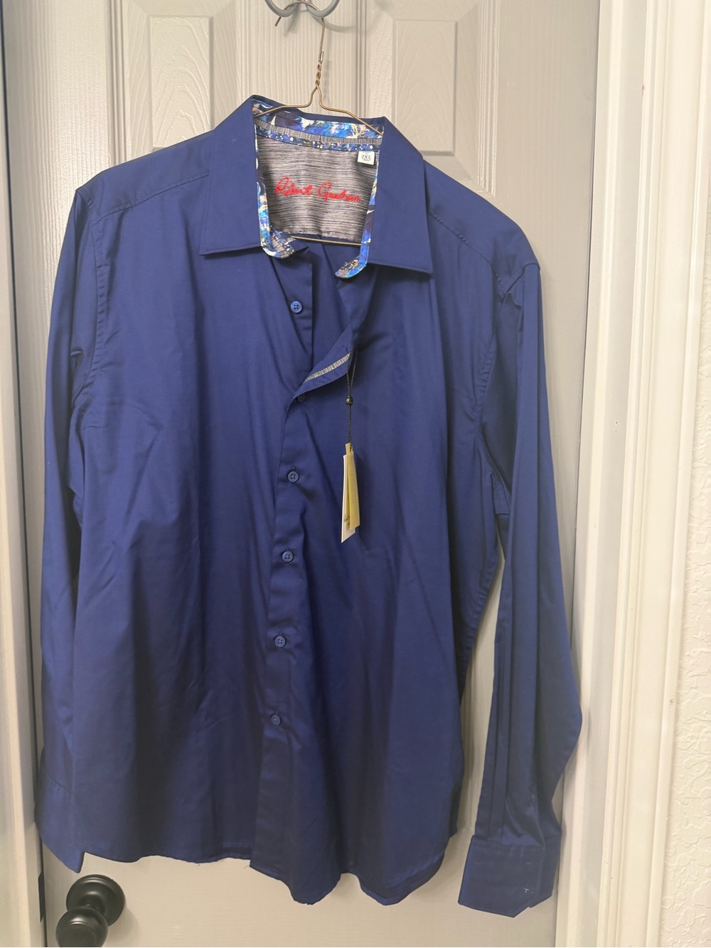 Robert Graham Navy Blue Long-Sleeve Dress Shirt with Contrast Trim
